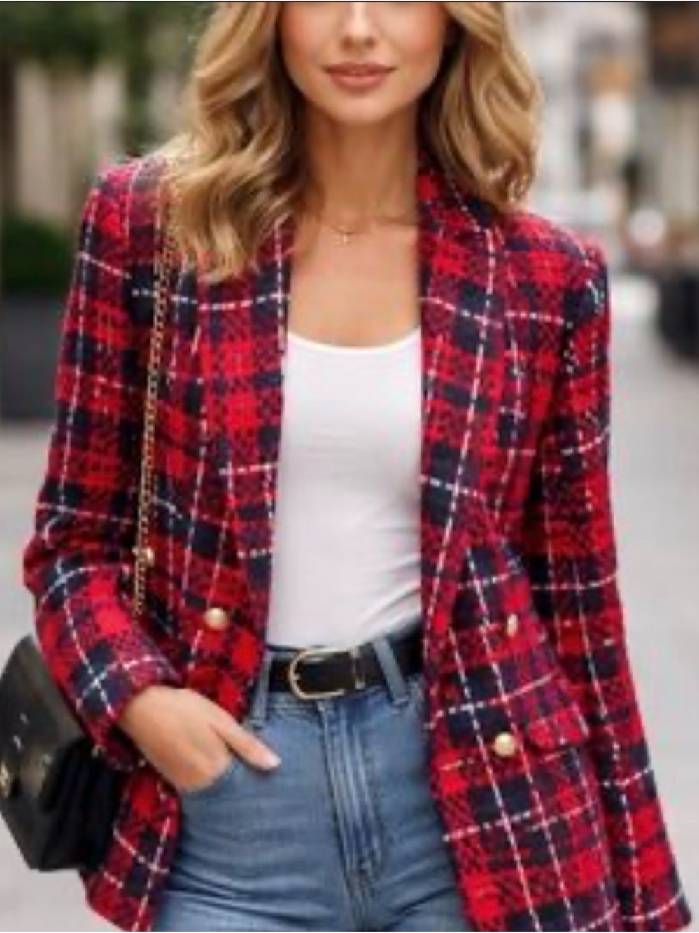 Classic Red Plaid Tailored Blazer with Gold Buttons